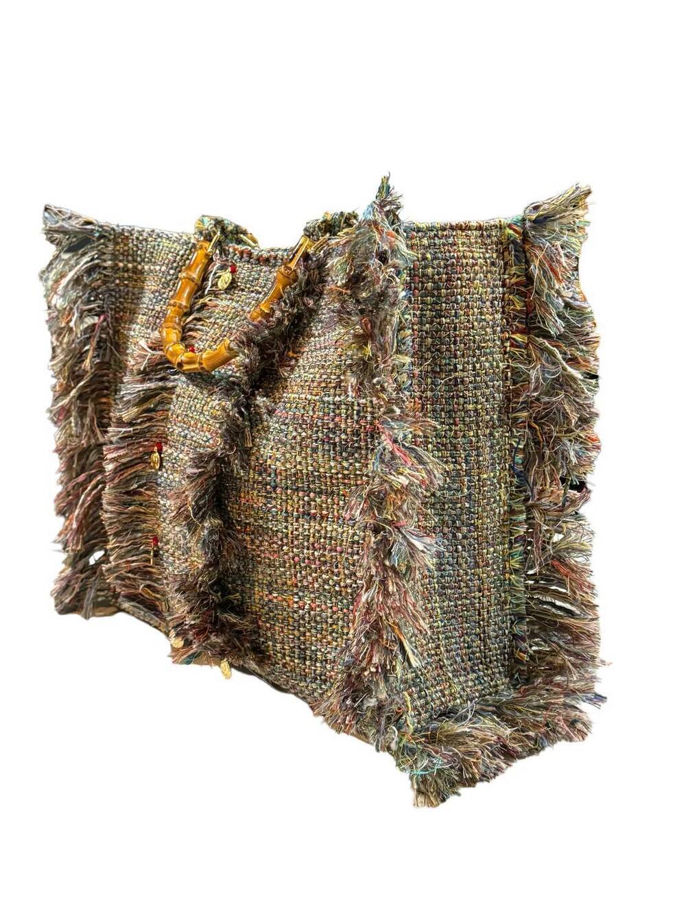 NEW ELEKTRA'S WORKSHOP women's fabric fringe boucle big tote bag in multicolor